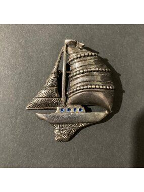 Vintage Silver-Tone Ship Sailboat Nautical Brooch With Blue Rhinestones